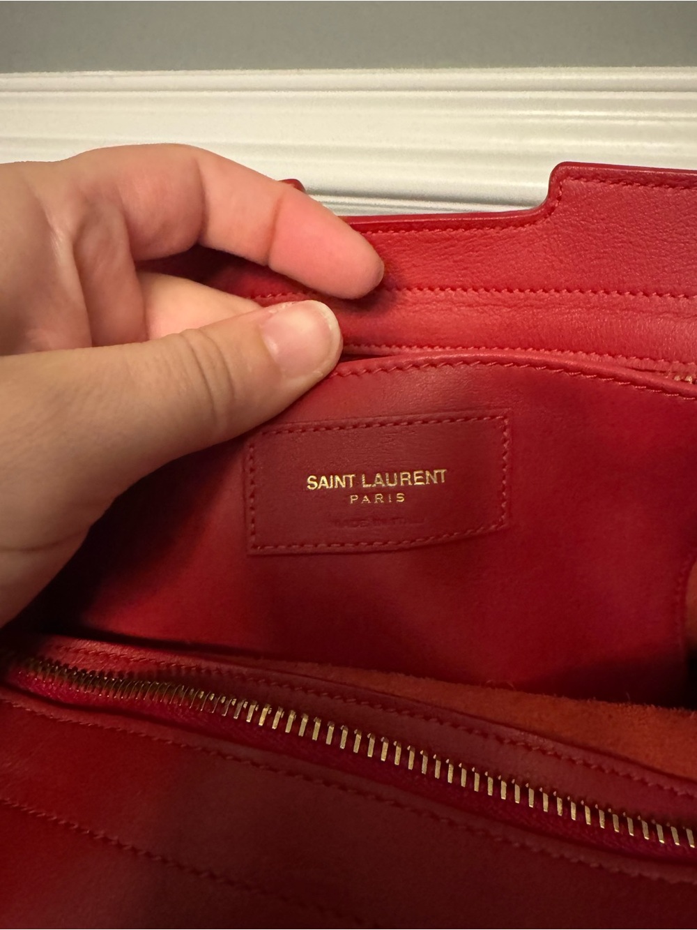 Saint Laurent Red Leather Top-Handle Satchel with Gold YSL Logo - Picture 8 of 9